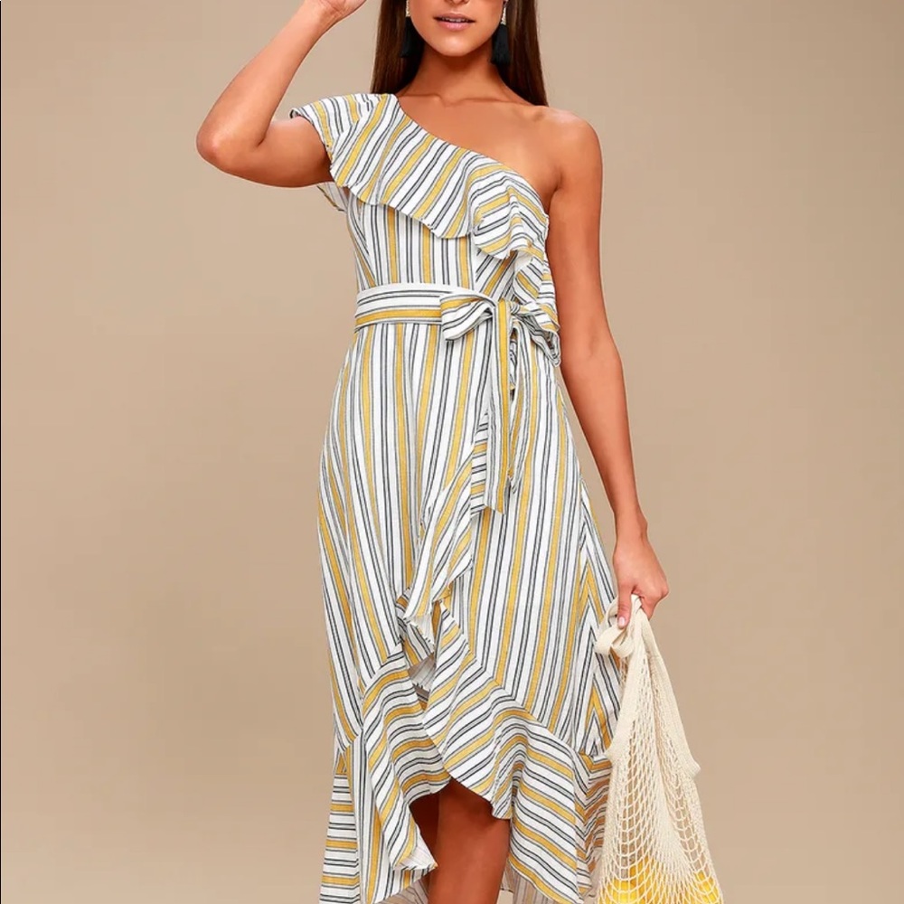 High Tide Yellow Striped One Shoulder Midi Dress